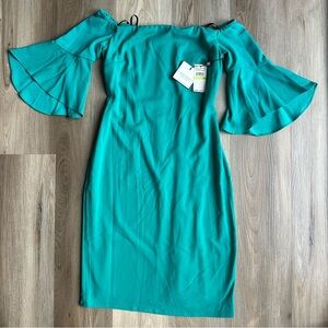 *NEW* Off-Shoulder Dress Sz 4 Laundry By Shelli Segal Teal Flowy Bell Arm Sleeve